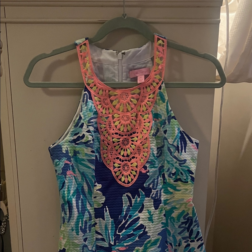 NWOT Lily Pulitzer Colorful Sleeveless Dress with Coral  Lace Detail.
